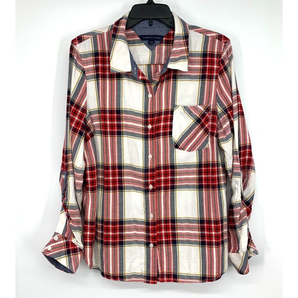 Tommy Hilfiger Shirt Plaid Button Down Roll Tab Sleeve Red